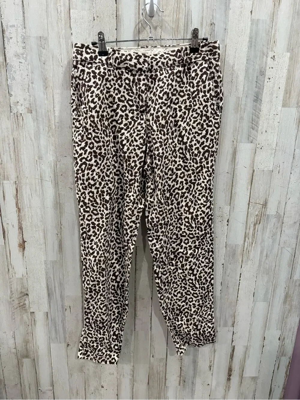 J Crew Womens 0 Pants Cafe Capri Leopard Animal Print 100% Linen Neutral